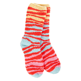 A pair of plush, soft crew socks featuring a zebra stripe pattern in bold shades of red, orange, and teal.