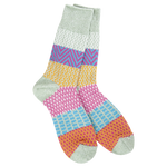 World’s Softest Socks crew style in pink, blue, yellow, and sage green with sage green toe and heel.