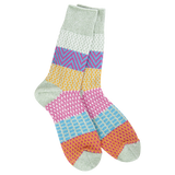 World’s Softest Socks crew style in pink, blue, yellow, and sage green with sage green toe and heel.