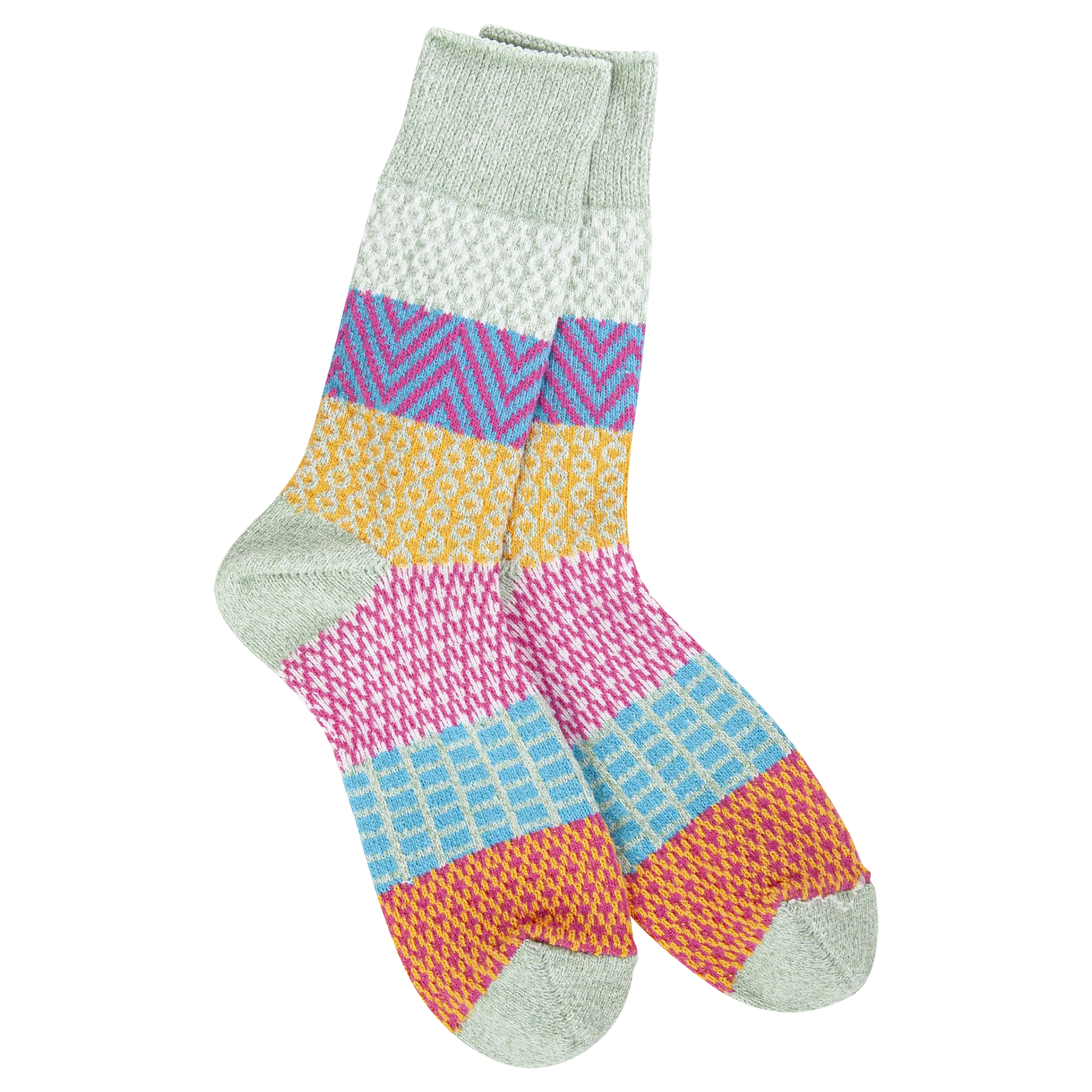 World’s Softest Socks crew style in pink, blue, yellow, and sage green with sage green toe and heel.