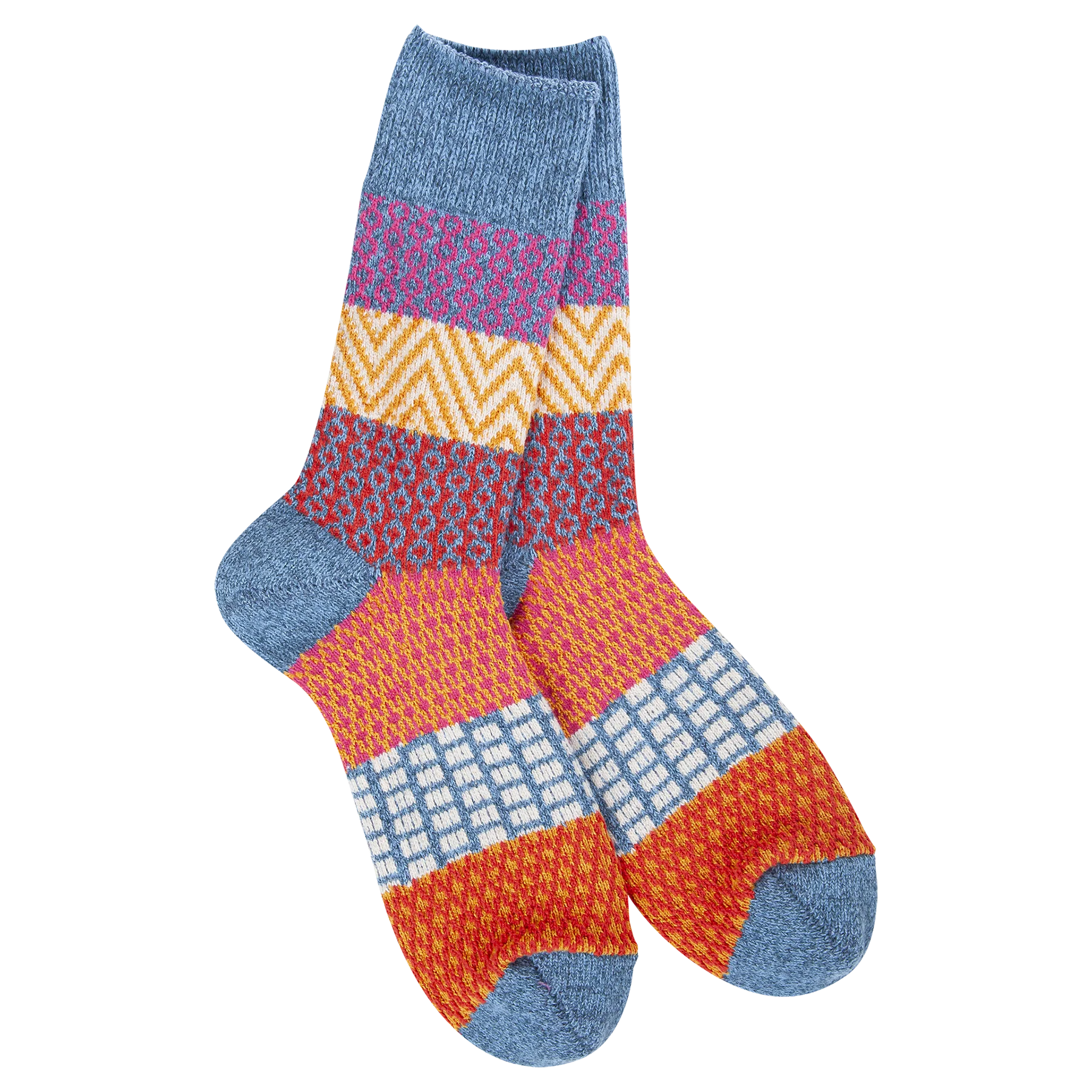 World’s Softest Socks crew style in denim blue, pink, yellow and orange.