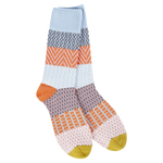 World’s Softest Socks color blocked crew socks in shades of blue, orange, gray, and pink and gold toe and orange heel.