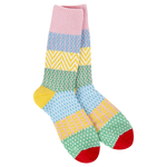 World’s Softest Socks geometric patterned crew socks in pink, blue, yellow, and green  with red toes and gold heels.