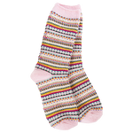 World’s Softest Socks striped crew socks in shades of pink, yellow, red, and blue.