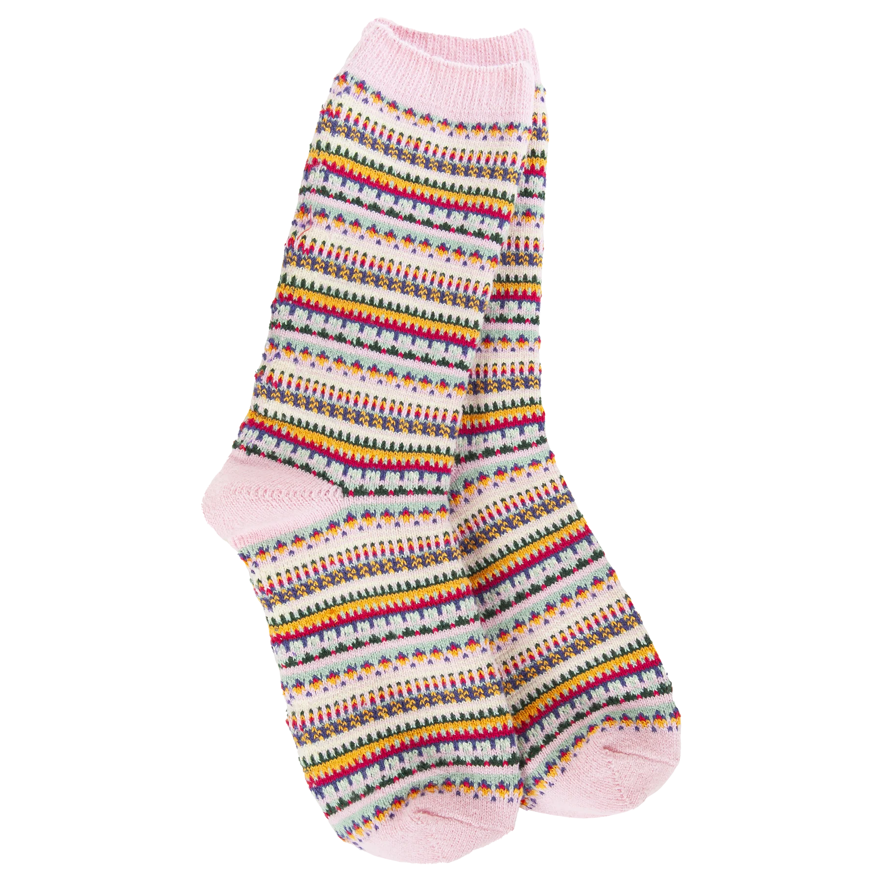 World’s Softest Socks striped crew socks in shades of pink, yellow, red, and blue.