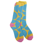 World’s Softest Socks brand geometric turquoise and yellow crew socks with pink heels and toes