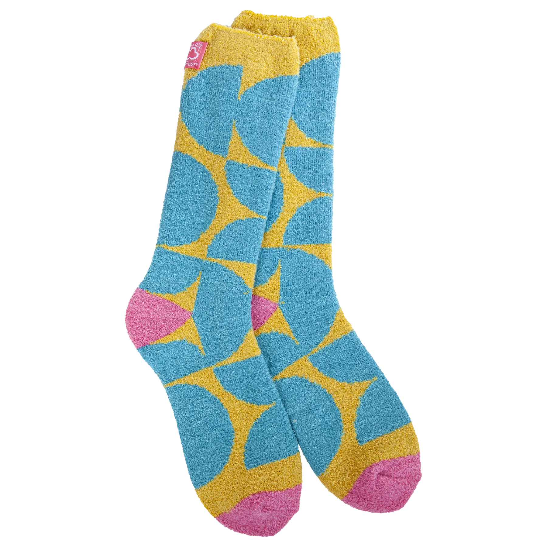 World’s Softest Socks brand geometric turquoise and yellow crew socks with pink heels and toes