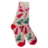 World’s Softest Socks cream crew socks with red, green, and pink Christmas pine trees and red heels and toes