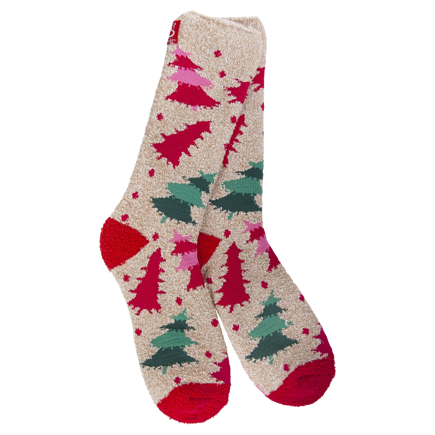 World’s Softest Socks cream crew socks with red, green, and pink Christmas pine trees and red heels and toes