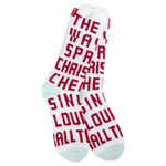 World’s Softest Socks brand white crew socks with red and white Christmas Cheer graphics from the movie Elf and mint heels and toes