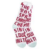 World’s Softest Socks brand white crew socks with red and white Christmas Cheer graphics from the movie Elf and mint heels and toes