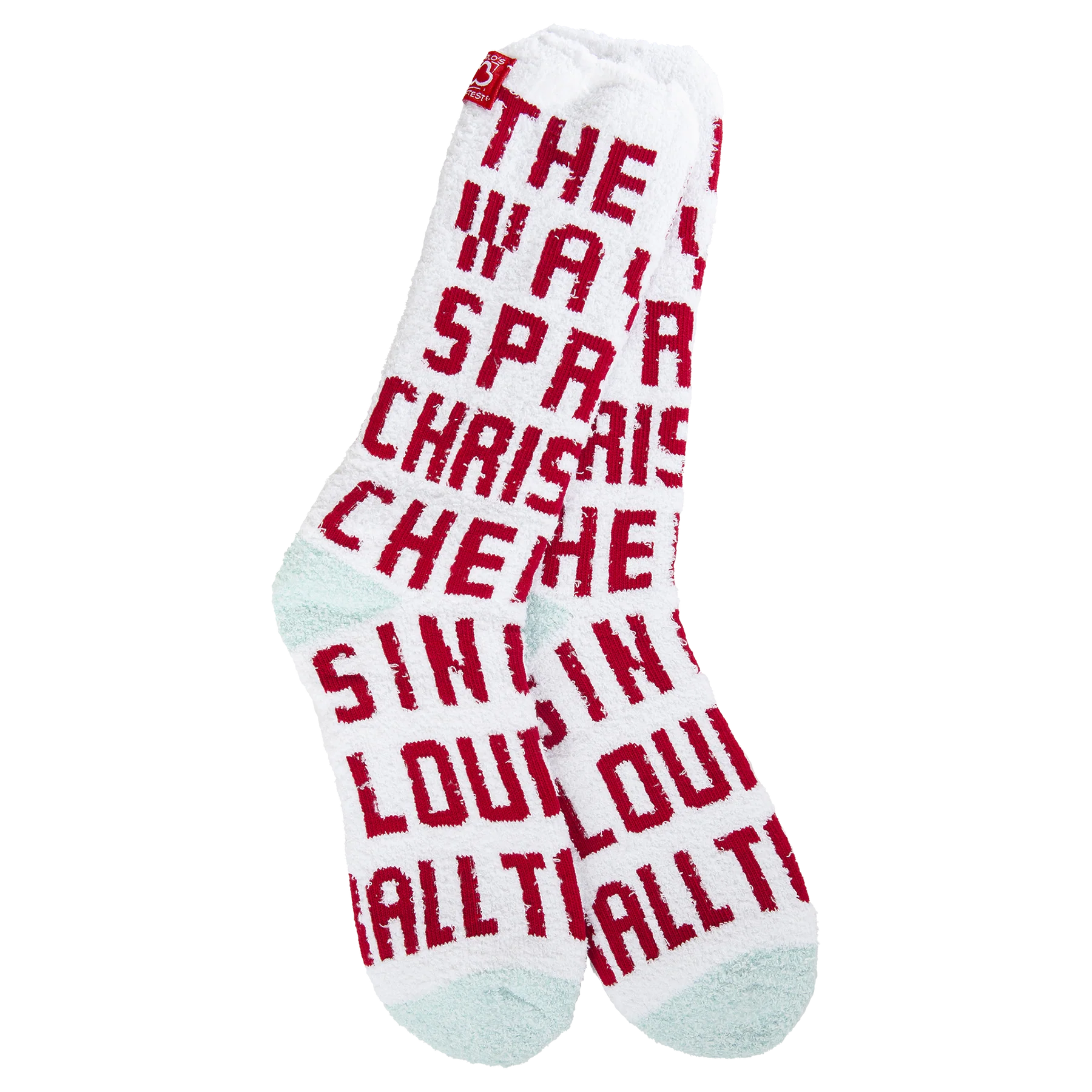 World’s Softest Socks brand white crew socks with red and white Christmas Cheer graphics from the movie Elf and mint heels and toes