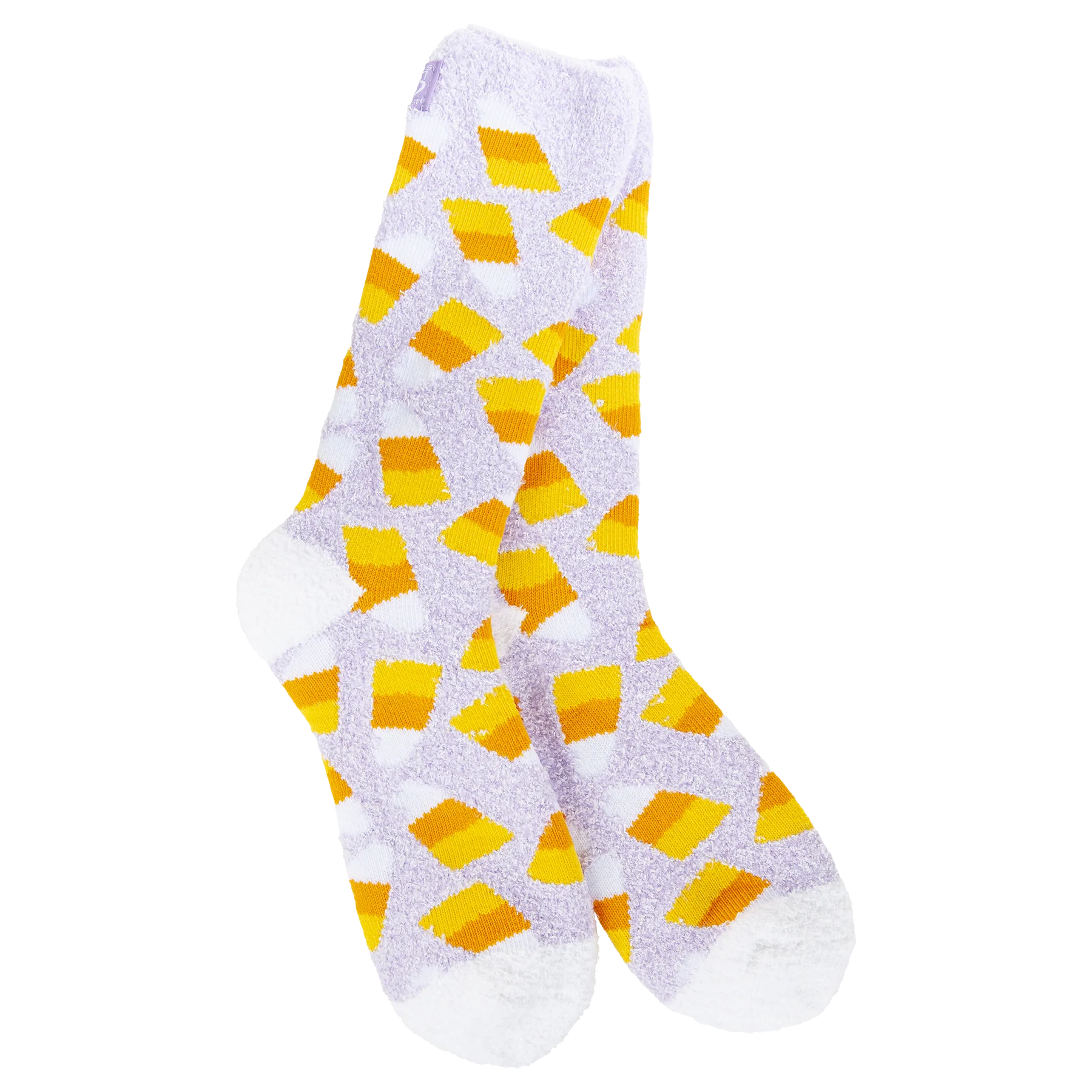 World’s Softest Socks brand lavender crew socks with candy corn graphics and white heels and toes