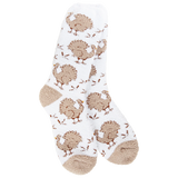 World’s Softest Socks brand white crew socks with small brown turkeys and tan heels and toes