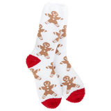 World’s Softest Socks with small brown gingerbread men and red heels and toes.