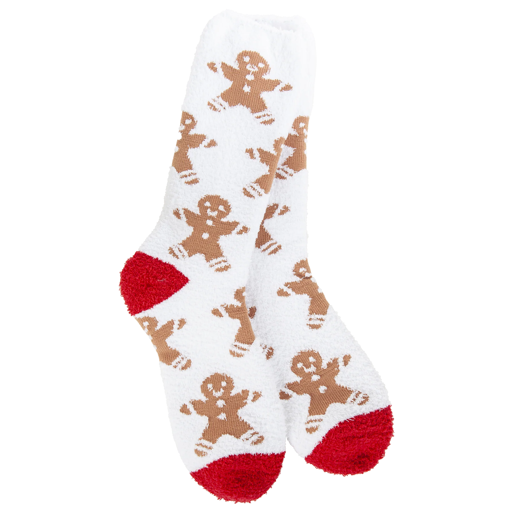 World’s Softest Socks with small brown gingerbread men and red heels and toes.