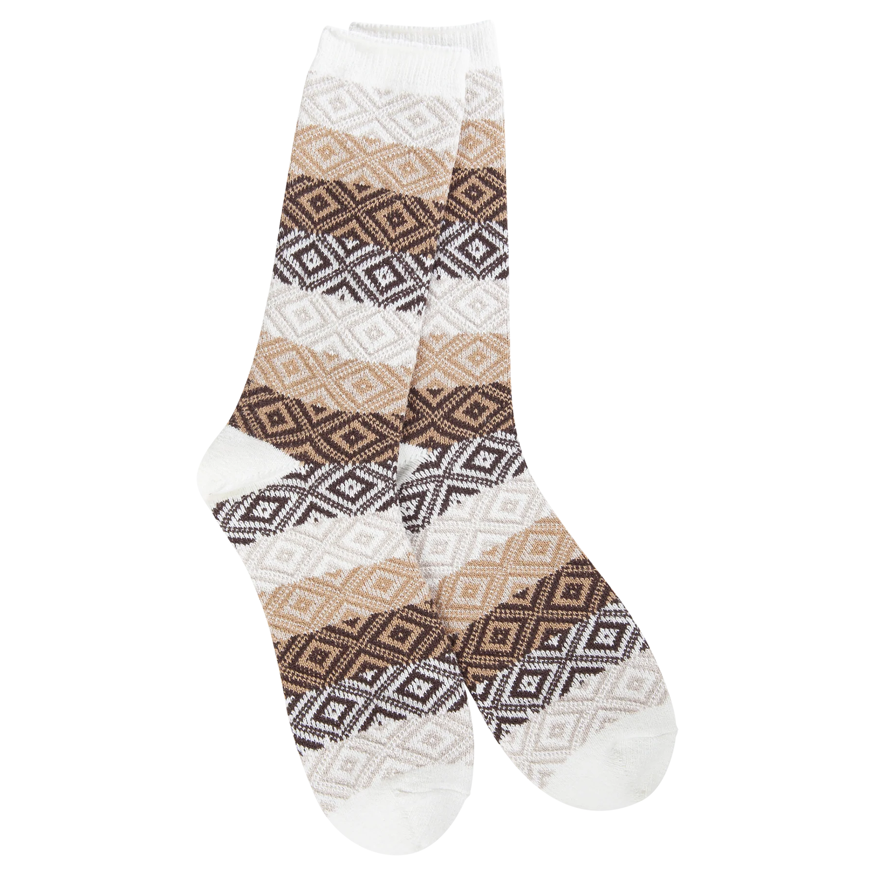 A pair of plush, soft crew socks with a vertical ombré gradient in cream, tan, and burgundy. The socks have a repeating diamond pattern overlaid on the gradient.