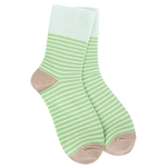 World’s Softest Socks with a lime green stripe pattern and tan heels and toes.