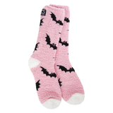 World’s Softest Sock brand pastel pink crew socks with black bat graphics and white heel and toe