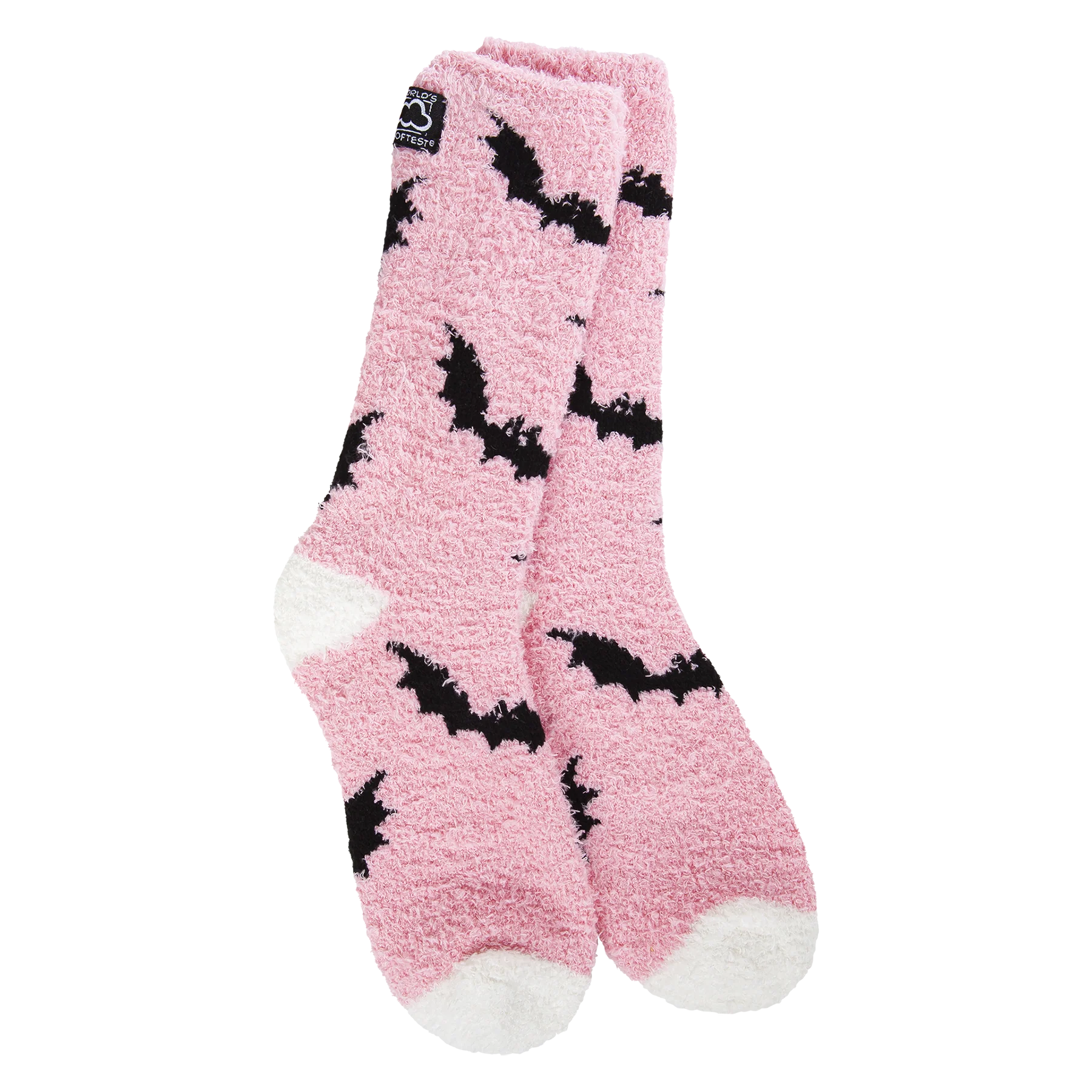 World’s Softest Sock brand pastel pink crew socks with black bat graphics and white heel and toe
