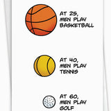 A funny birthday card that compares the size of sports balls to a man's age.