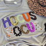 Athletic grey Bella + Canvas tee with Hocus Pocus appliqué design