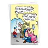 A funny anniversary card with a joke about a husband forgetting his wife's name.