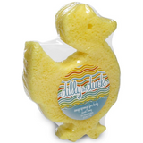 A yellow, duck-shaped, soap-infused sponge.
