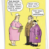 A nostalgic-style greeting card with a cartoon of a doctor and an elderly couple.