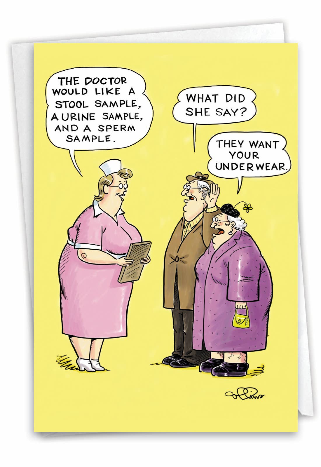 A nostalgic-style greeting card with a cartoon of a doctor and an elderly couple.