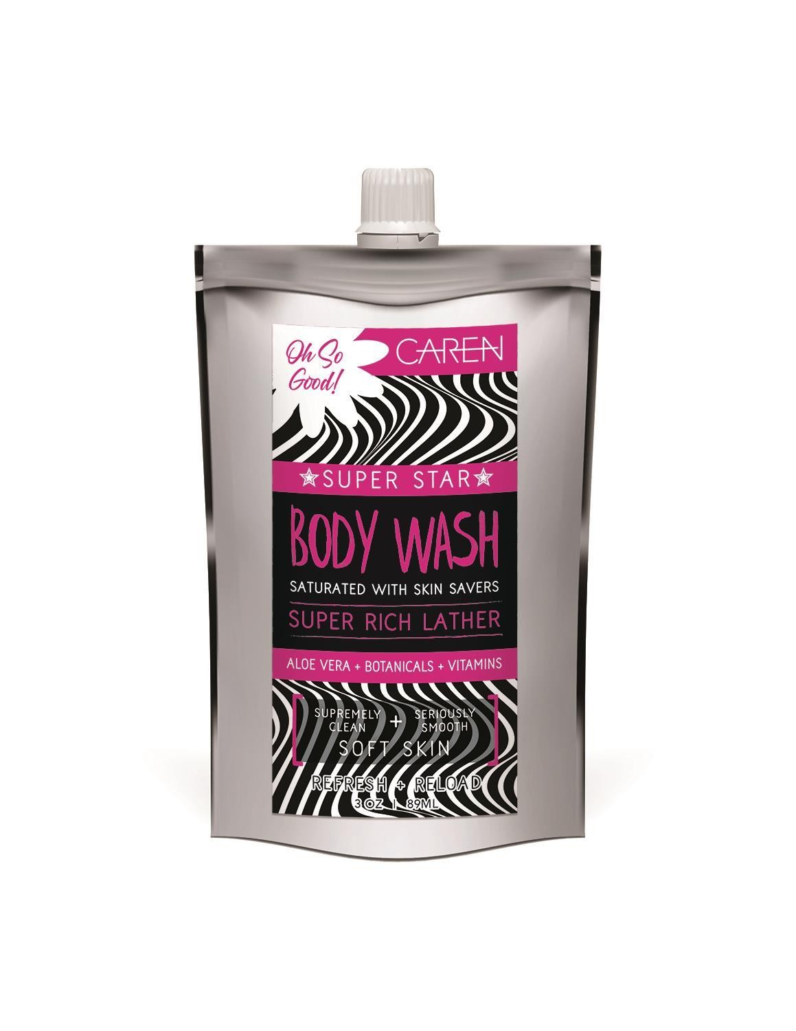 A 3 oz travel-sized pouch of "Flirt" body wash