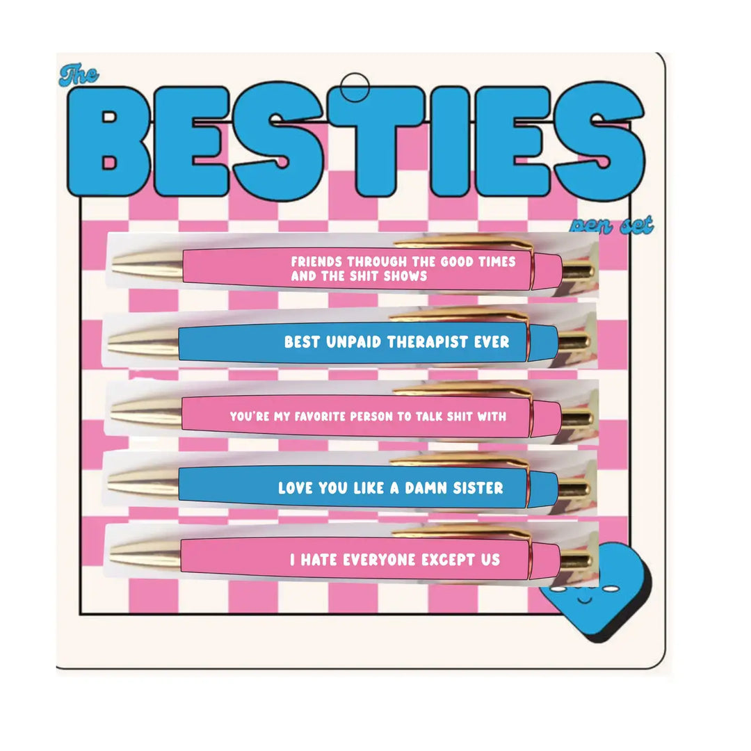Set of five black ink best friend pens with funny sayings, perfect as a gift for your BFF.
