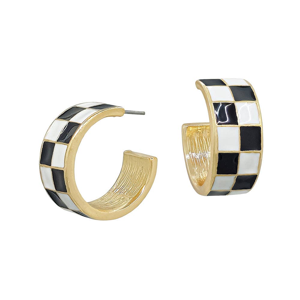 Black and white checkered hoop earrings with gold accents, .75-inch size.