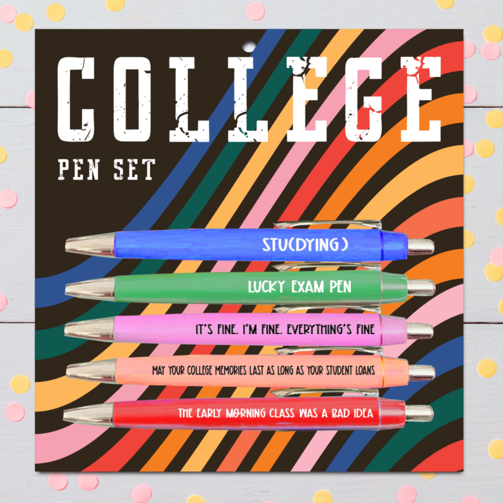 Set of five black ink college-themed pens with funny sayings.