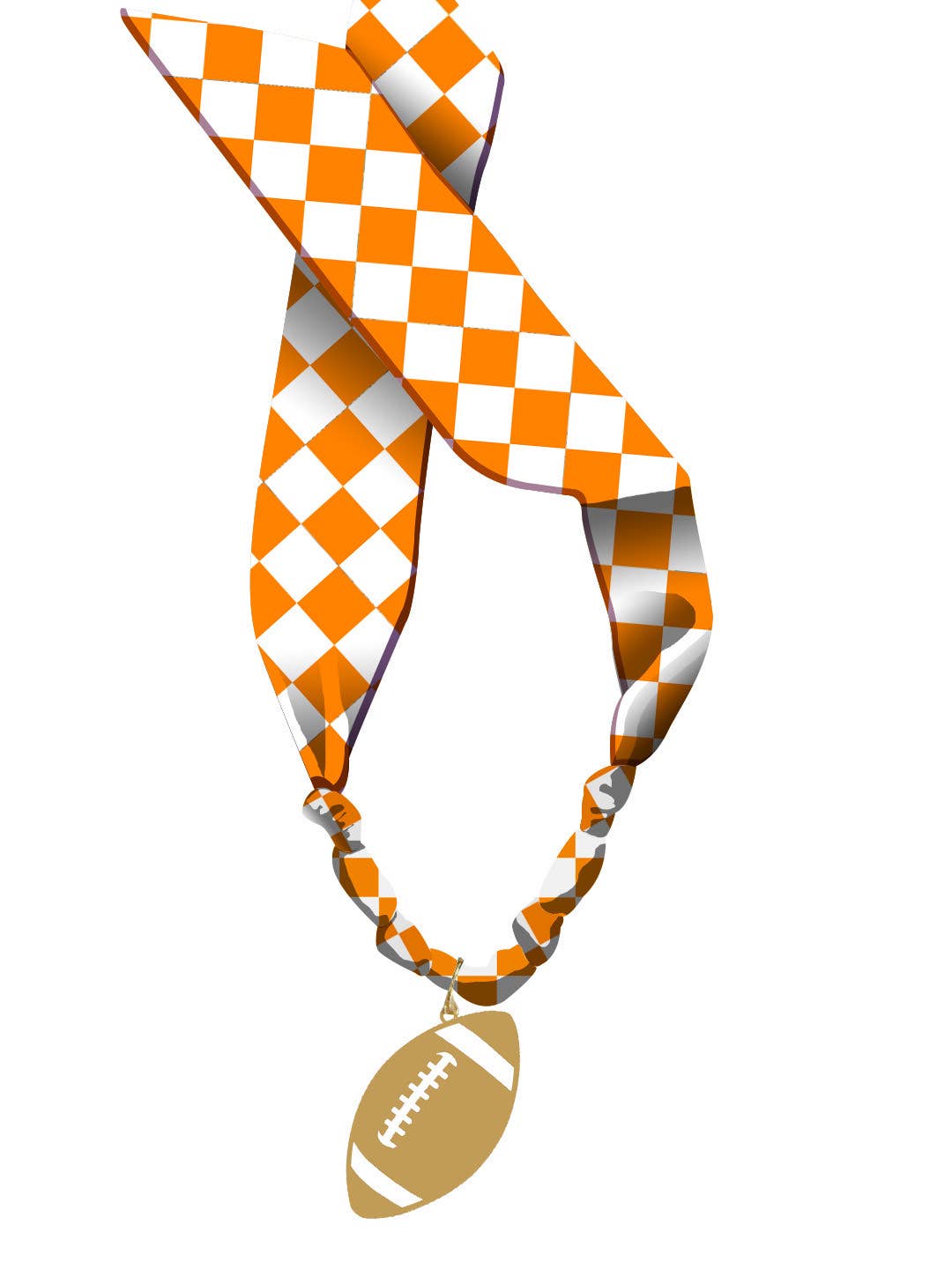 Orange and white checkered knotted scarf necklace with gold football charm.