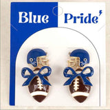 Blue and gold 1.75-inch dangle earrings with bow and football design.