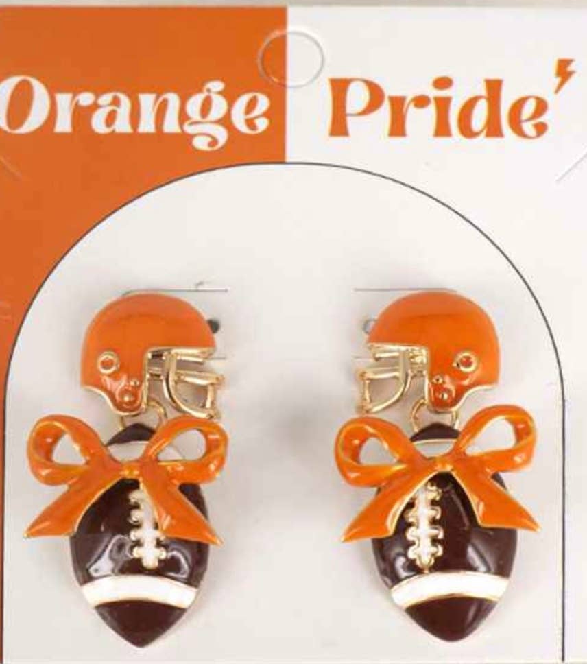 Orange and gold bow football dangle earrings, 1.75 inches.