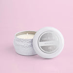 Volcano Signature White Mini Tin Candle 3oz – tropical citrus-scented portable candle in a white printed tin.