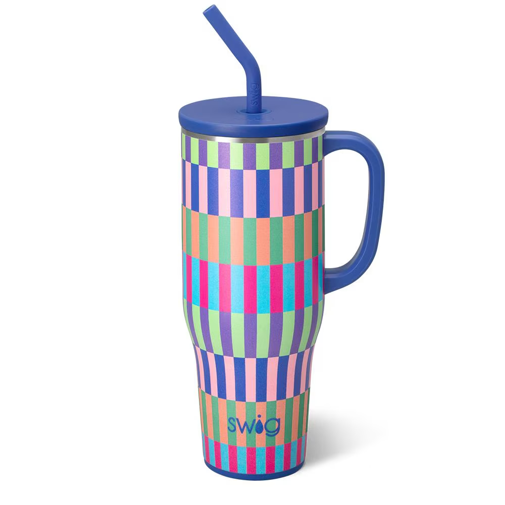 Swig Brite Stripe Mega Mug 40oz with vibrant check pattern, comfort-grip handle, XL straw lid, and silicone flexi-tip straw.