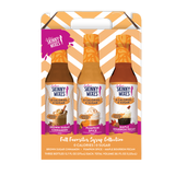 Fall Favorites Syrup Gift Set featuring Pumpkin Spice, Brown Sugar Cinnamon, and Maple Bourbon Pecan zero-calorie flavors, perfect for seasonal drinks and recipes.