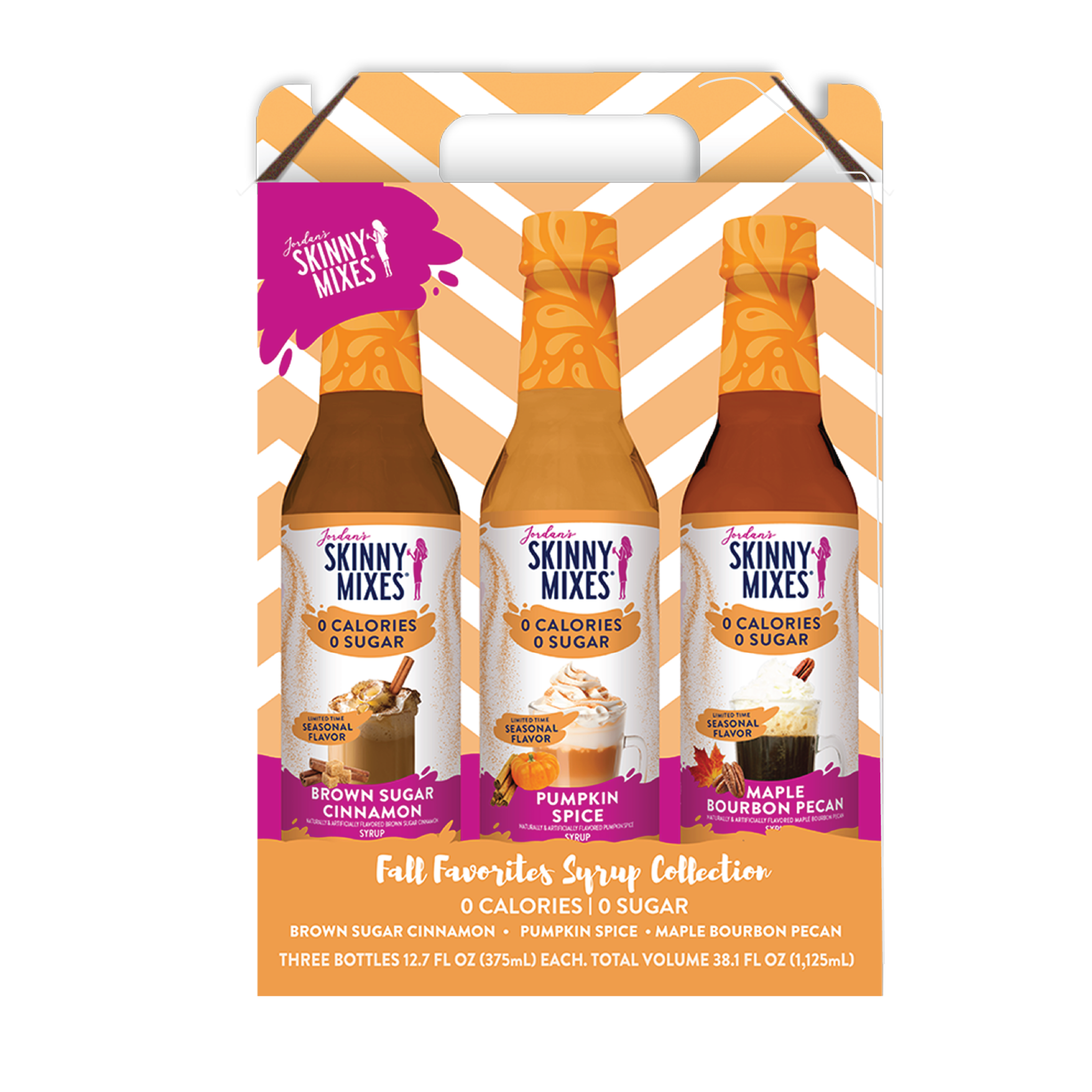 Fall Favorites Syrup Gift Set featuring Pumpkin Spice, Brown Sugar Cinnamon, and Maple Bourbon Pecan zero-calorie flavors, perfect for seasonal drinks and recipes.