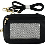 Black mini crossbody wallet bag with gold hardware, front zip pocket, detachable shoulder strap and wristband, and a clear cell phone window. Compact and stylish design, ideal for keeping essentials organized and accessible on the go.