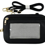 Black mini crossbody wallet bag with gold hardware, front zip pocket, detachable shoulder strap and wristband, and a clear cell phone window. Compact and stylish design, ideal for keeping essentials organized and accessible on the go.