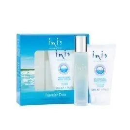 The Inis Traveler Duo, showing the 15mL travel-sized cologne spray next to the 50mL body lotion tube.