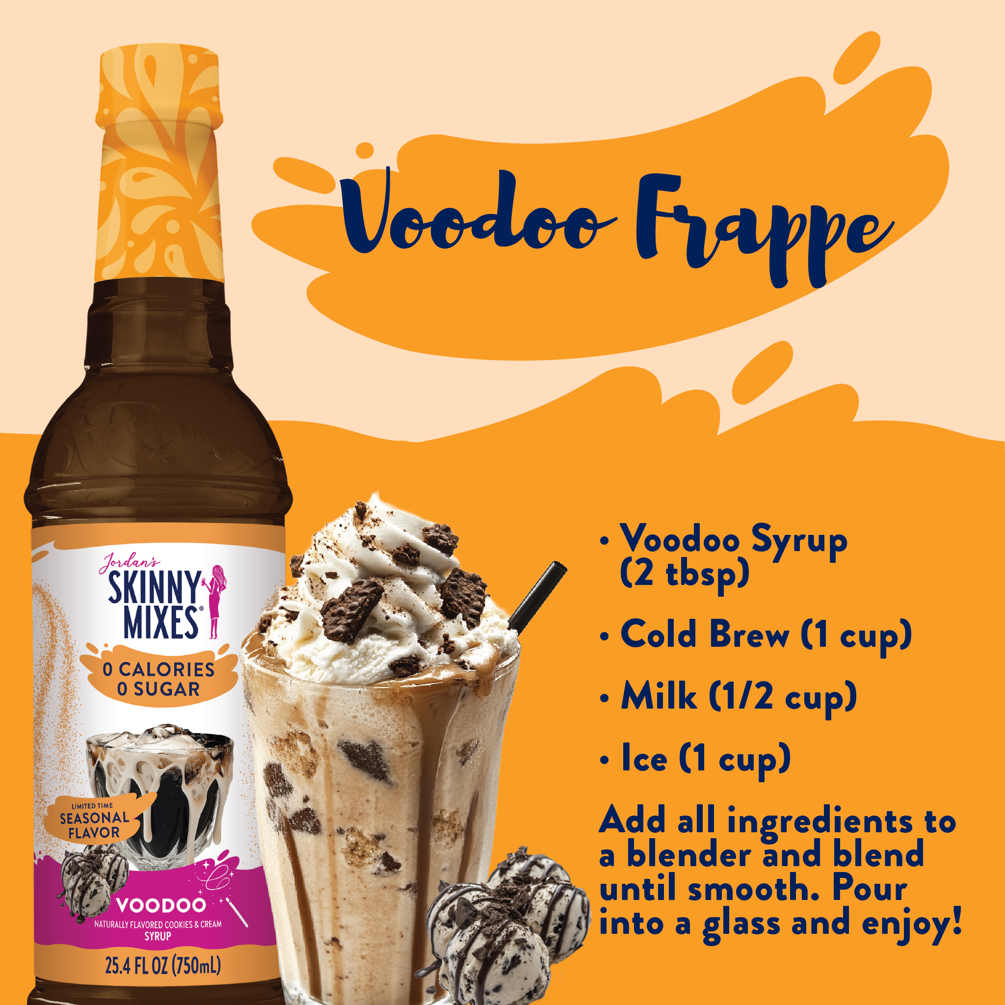 Recipe for VooDoo Frappe using Skinny Mixes SF Voodoo Syrup with zero-calorie cookies and cream flavor.