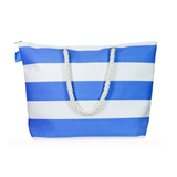 A large canvas tote bag with a horizontal blue and white stripe pattern and thick, white cotton rope handles.