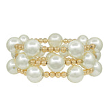 Set of 3 water-resistant pearl and gold beaded stretch bracelets with 14mm pearls and 5mm gold beads.