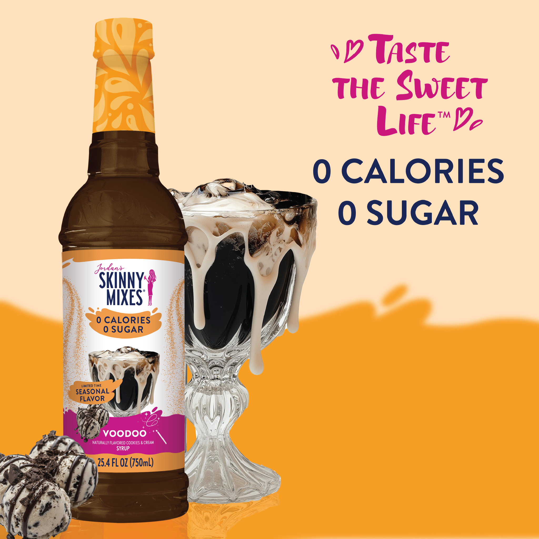 Bottle of Skinny Mixes SF Voodoo Syrup with zero-calorie cookies and cream flavor, ideal for coffee, smoothies, and desserts.