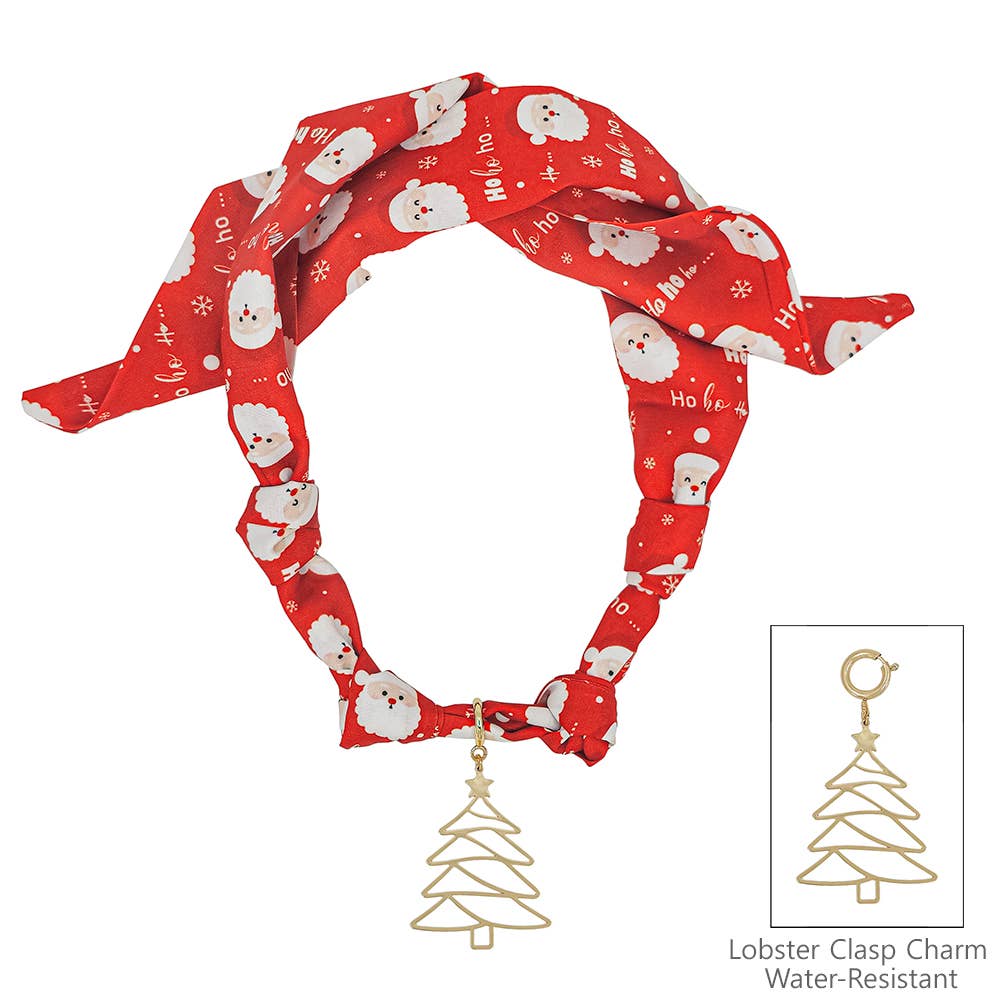 Silk knotted scarf necklace with Santa print and gold Christmas tree removable charm.