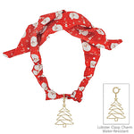 Silk knotted scarf necklace with Santa print and gold Christmas tree removable charm.